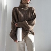 Women Knitted Sweater Autumn Winter Turtleneck Casual Basic Pullovers Jumper Lantern Long Sleeve Loose Tops Elegant Clothes