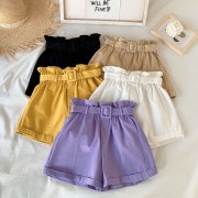 Women Cotton Short Pants Casual High Waist Loose Summer Elegant Sweet Girls All-Match Wide Leg Shorts With Belt