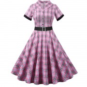 Women Summer Vintage Dress Plaid Print Casual Elegant Short Sleeve Notched Collar Slim Party Dress With Belt Robe