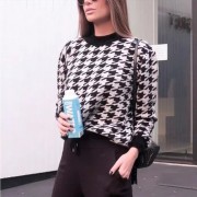 Women Sweater Black Long Sleeve Autumn Winter Turtleneck Casual Knitted Houndstooth Elegant Vintage Pullover Basic Top