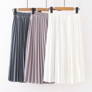 Women Summer Pleated Skirt Solid Linen Elastic Waist Vintage Elegant Office Midi Skirts Saia Casual Faldas Jupe Femme Saia