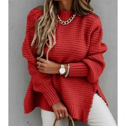 Women Autumn Winter Solid Hollow Out Knitted Sweater Mock Neck Casual Loose Basic Pullovers Warm Batwing Sleeve Side Split Tops