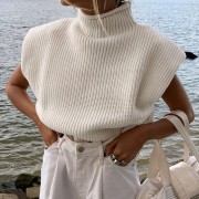 Fashion Sexy Women Cropped Knitted Sweater Vest Turtleneck Sleeveless Pullover Solid Chic Tops Jumper